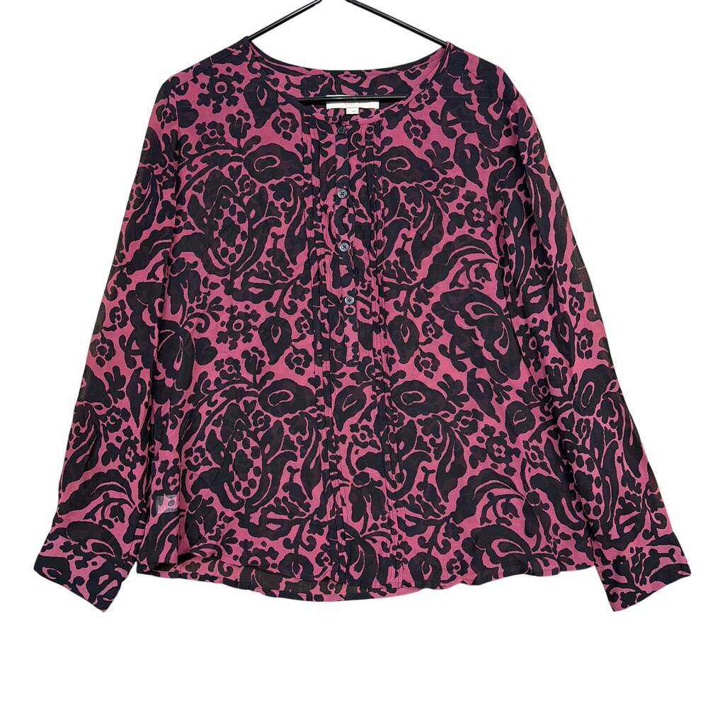 Ann Taylor LOFT Womens Blouse Fuchsia Black Floral Sheer Henley Long Sleeve L